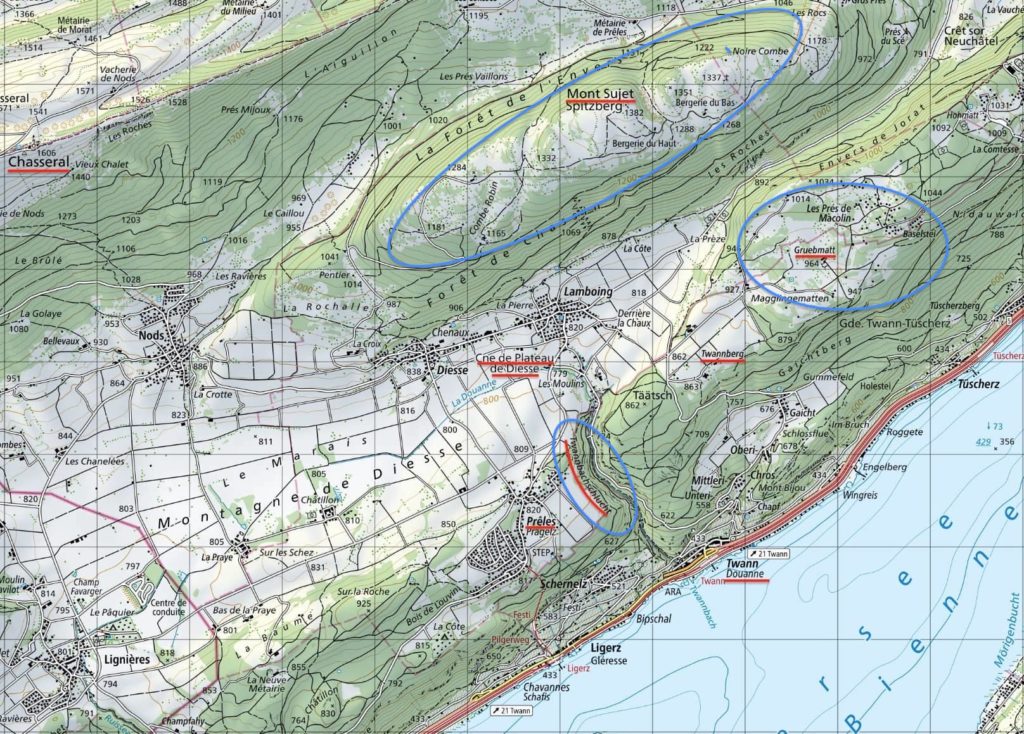 Carte avec les lieux des découvertes des fragments de la météorite du Twannberg